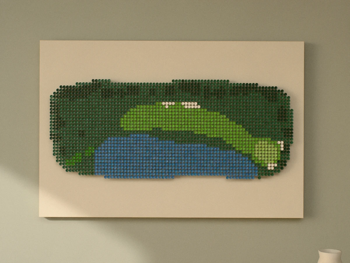 The whole piece straight on: a fairway curving above a blue lake to a green on the right, with a line of dark green trees along the top, on an ivory panel.