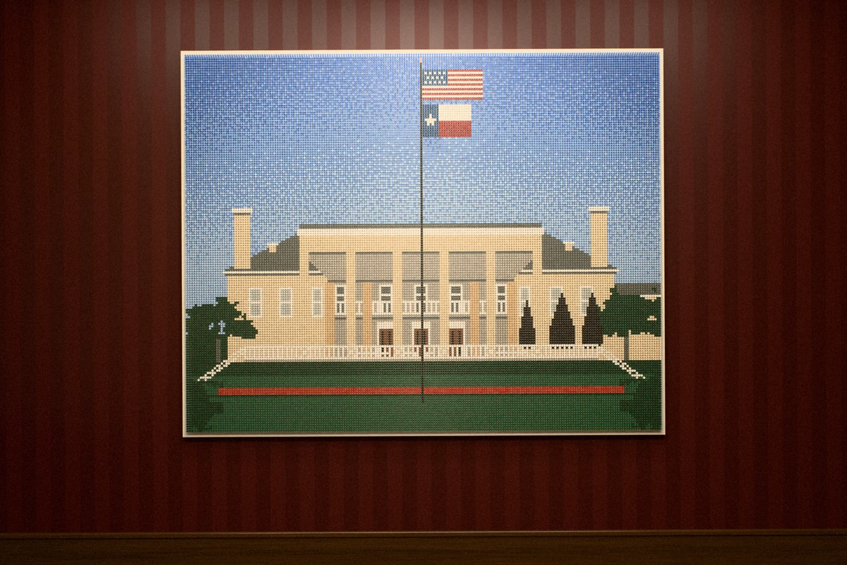 A golf-tee picture of a cream brick clubhouse with six tall columns, an American and a Texas flag on a flagpole, a red flower bed and a deep blue sky, hung alone on an oxblood striped wall in a club hallway.
