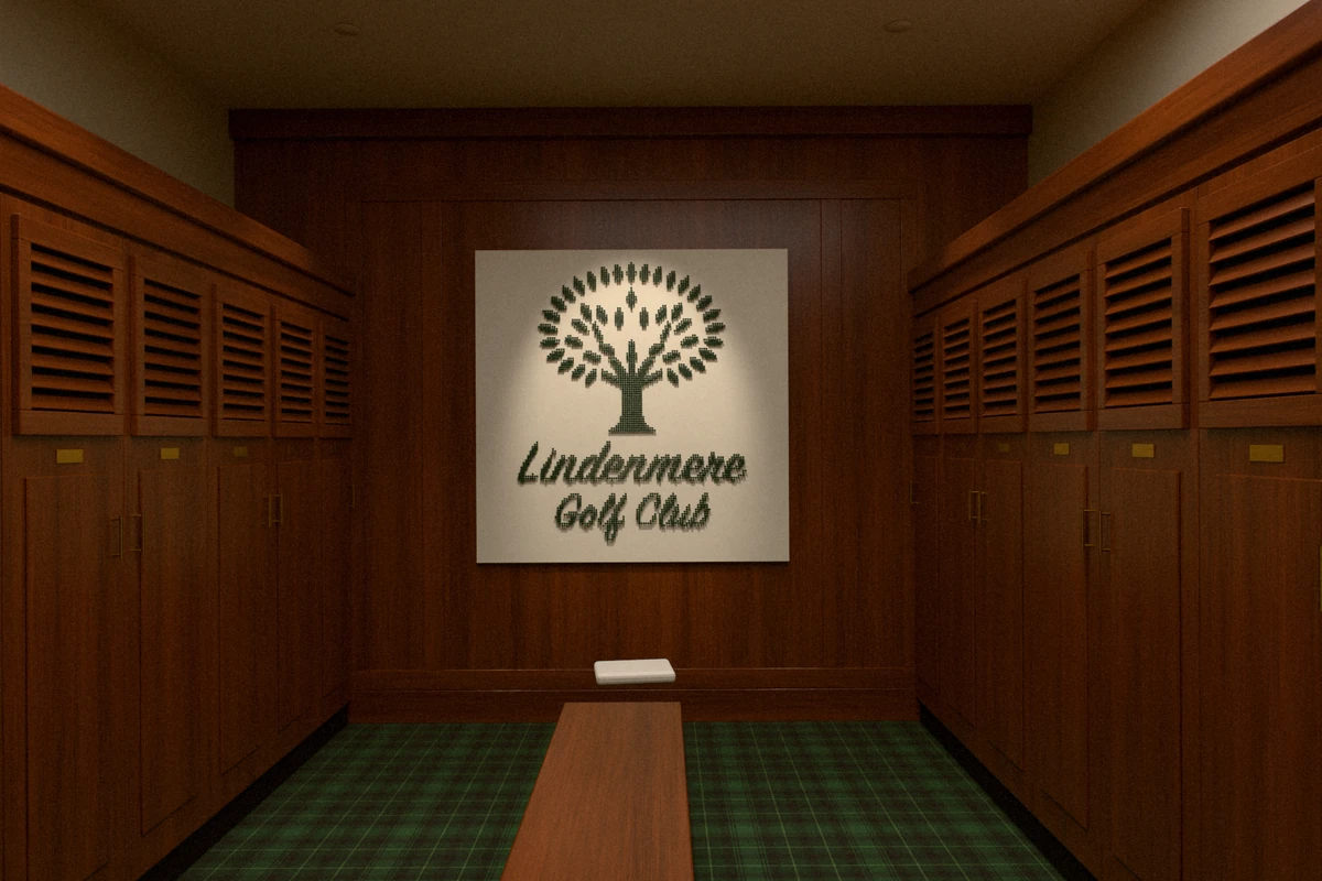 A round, leafy tree over the words Lindenmere Golf Club in dark green golf tees on an ivory panel, hung on a cherry-panelled wall at the end of a locker room, between rows of cherry lockers, above a long wooden bench on a green tartan carpet.