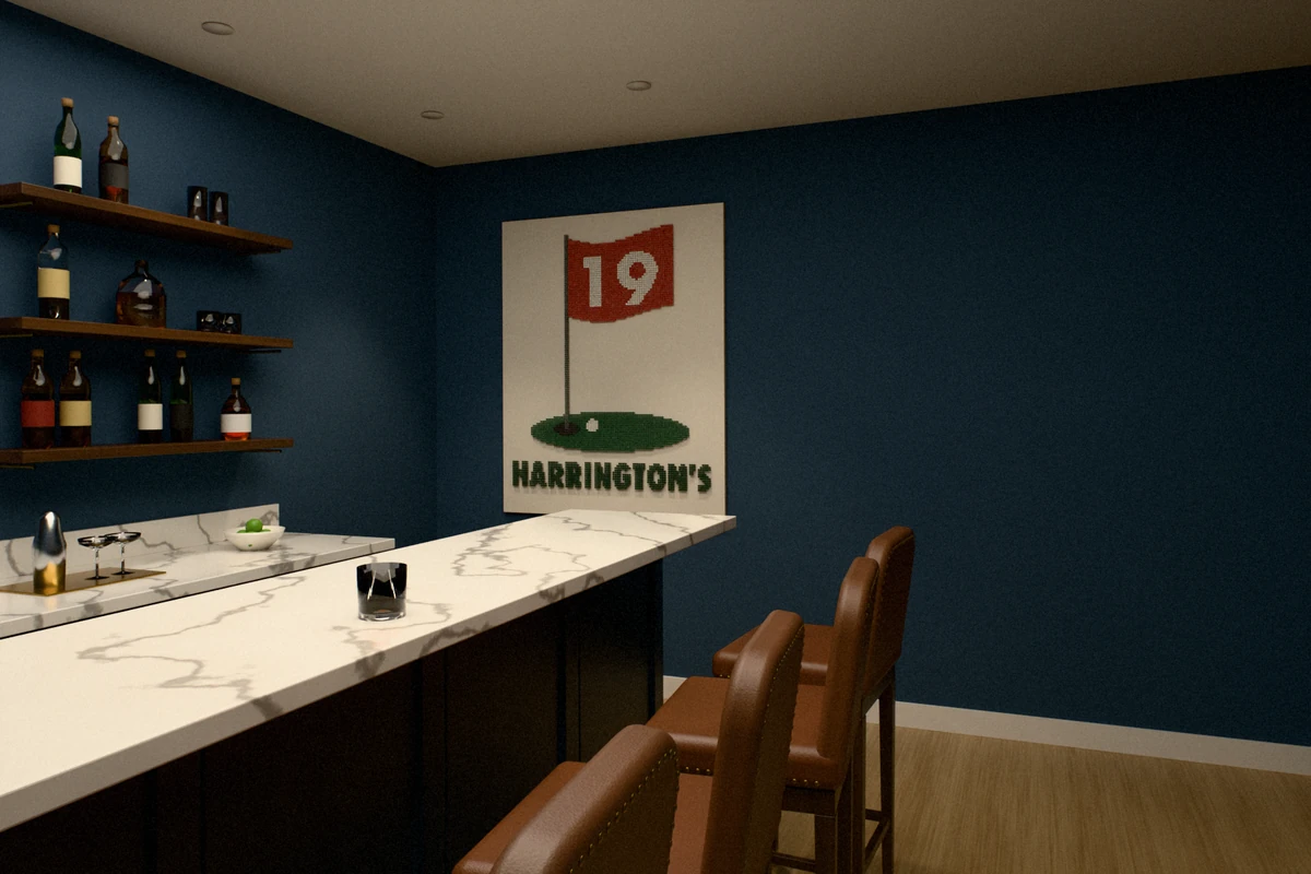 A red pin flag numbered 19 over a green with a cup and a ball, and the name Harrington’s, in golf tees on an ivory panel, hung on the slate-blue end wall of a home bar, between the back bar’s shelves of bottles and a marble bar top with leather stools.