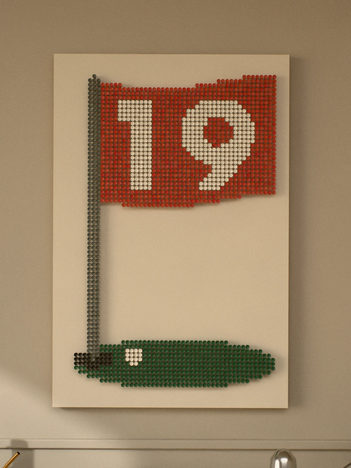 The whole piece straight on: a red flag with a cream 19 on a gray flagstick, and a white ball beside the cup on a round green, on an ivory panel.