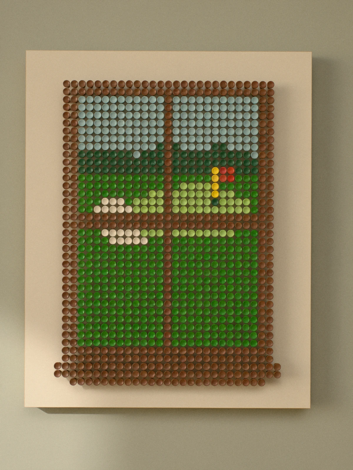 The whole piece straight on: a walnut window, and beyond it a red flag on a yellow pole on a far green, with dark trees and a pale blue sky, on an ivory panel.